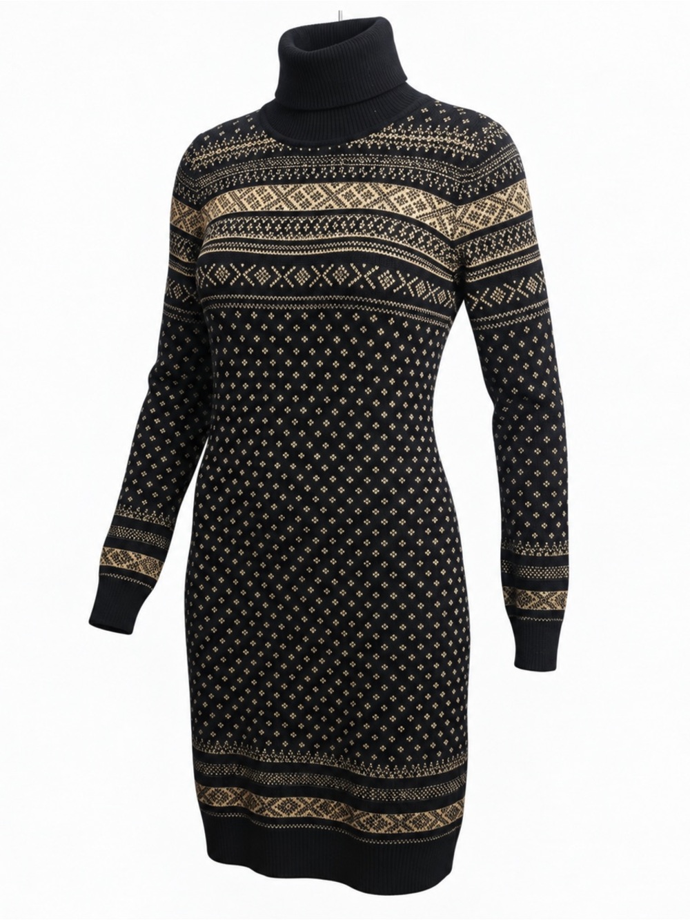 Lauren Ralph Lauren Black & Gold Patterned Lurex Turtleneck Dress - Picture 2 of 6